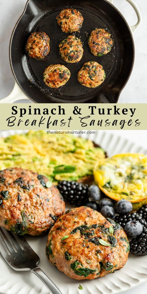 These homemade Spinach & Ground Turkey Breakfast Sausage are the perfect way to add protein, veggies, and flavor to breakfast! Mixed up in one bowl and using frozen spinach for ultimate ease, they get their incredible flavor from the addition of the perfect blend of dried herbs you likely have in your pantry. Perfect as part of meal prep to make busy mornings filling and fast! Ground Turkey Sausage Recipes, Ground Turkey Breakfast Sausage, Ground Turkey Breakfast, R3 Recipes, Amazing Smoothies, Healthy Filling Breakfast, Turkey Sausage Recipes, Natural Nurturer, Macro Diet