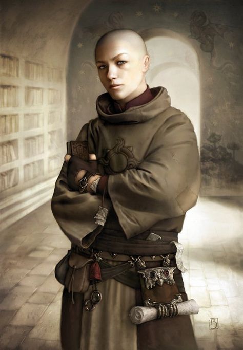 Apprentice                                                                                                                                                                                 More Female Priest Art, Dnd Acolyte, Acolyte Dnd, Monk Fantasy Art, Bald Character Design, Mage Apprentice, Fantasy Priest, Wizard Rpg, Apprentice Wizard