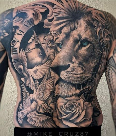 Best Lion Tattoos Men Back, Lion Back Piece Tattoo, Family Back Tattoos For Men, Lion Back Tattoo Men, Lion Full Back Tattoo, Men's Back Tattoos, Best Back Tattoos Men, Animal Back Tattoo, Lion Tattoo Back