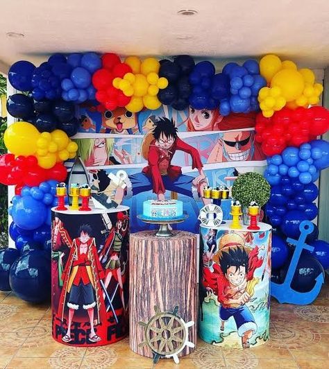 One Piece Anime Bday Theme, One Piece Balloon Decoration, Luffy Party Ideas, One Piece Anime Party Ideas, One Piece Anime Party Decorations, One Piece Anime Birthday Party Ideas, One Piece Centerpiece, One Piece Anime Party, One Piece Decoration Party