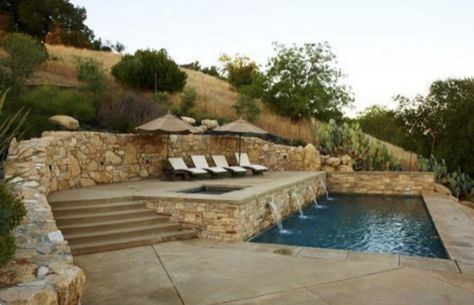 Terraced Patio Ideas, Stone Pool Deck, Steep Backyard, Hillside Pool, Large Backyard Landscaping, Patio Grande, Sloped Yard, Stone Pool, Sloped Backyard