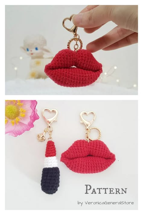 Lips Lipstick Keychain Crochet Pattern Productive Crafts, Crochet Lipstick, Anatomical Crochet, Crochet Keychain Patterns, Cookie Crochet, Lipstick Keychain, Crocheted Earrings, Crochet Dish Towels, Keychain Patterns