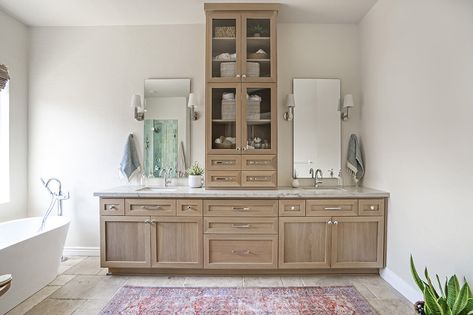 Bright and airy master bathroom remodel with warm white oak cabinets. Center vanity cabinets adds extra storage and furniture like feel. Master Bath Remodel, Upstairs Bathrooms, Interiors Design, Bathroom Renos, Bathroom Remodel Master, Bath Remodel, Residential Interior, Bathroom Makeover, Bathroom Renovation