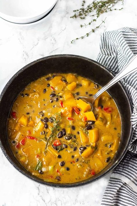 Black Bean Butternut Squash Stew - Healthier Steps Black Bean Butternut Squash, Squash Stew, Butternut Squash Stew, Healthy Stew, Black Bean Stew, Black Bean Recipes, Butternut Squash Recipes, Vegan Soups, Squash Recipes