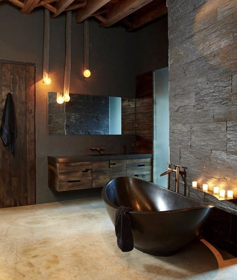 STONE BATHROOM IDEAS – Besides wood, stone is another natural material that you can use for producing natural bathroom tone. Strong and fresh, the sto... Brown Bathroom Tile, Masculine Bathroom Design, Dark Brown Bathroom, Rustic Bathtubs, Bachelor Pad Decor, Industrial Bathroom Decor, Regal Industrial, Industrial Bathroom Design, Masculine Bathroom