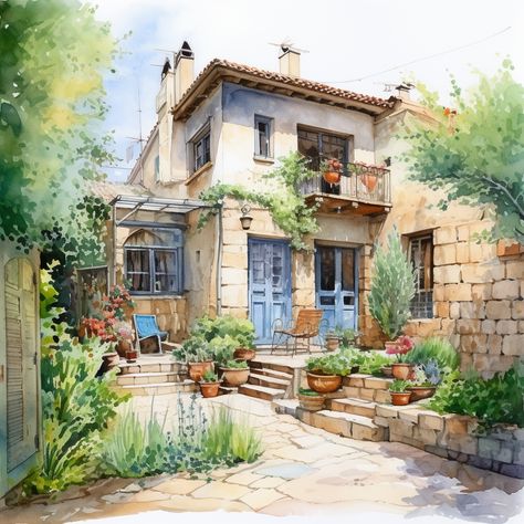 #Jerusalem #GermanColony #Watercolor #StoneHouse #Sunlit #Serene #Historic #Charming #BlueDoors #PottedPlants #Greenery #Texture #WarmLight #Masonry #Inviting #Home #Flourishing #Art #Tranquil #Cultural #AgedElegance #SunDrenched #Courtyard #StoneSteps #Rustic #Foliage #Residential #Picturesque #Mediterranean #Cobblestone Watercolor Stone Wall, Watercolor Brick House, Watercolor European Village, Blue Door, Stone House, Warm Light, Potted Plants, Stepping Stones, Art