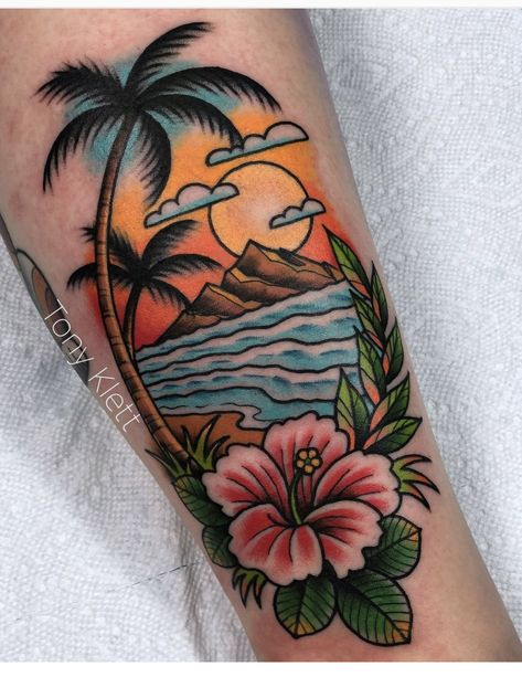 Island Traditional Tattoo, Neo Traditional Beach Tattoo, Old School Beach Tattoo, Hibiscus Traditional Tattoo, Traditional Beach Scene Tattoo, Traditional Island Tattoo, Tropical Traditional Tattoo, American Traditional Hawaii Tattoo, Palm Beach Tattoo