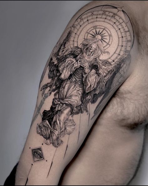 Statue Style Tattoos, God Of Time Tattoo, Detailed Arm Tattoo, Dark Biblical Tattoos, Stoicism Tattoo Ideas Men, Angelic Tattoos Men, Male Tattoo Ideas Arm Half Sleeves, Greek Mythology Tattoos Sleeve Women, Medieval Sleeve Tattoo