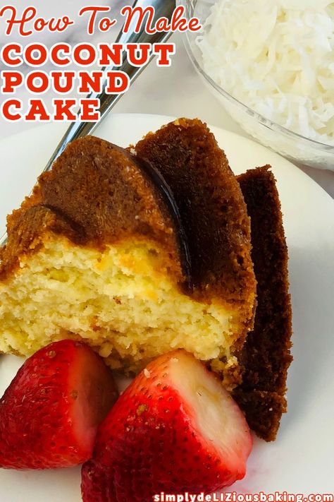 Quick, easy pound cake recipe from scratch. Moist and dense with scrumptious coconut flavor. Click here for this homemade pound cake recipe. #poundcakelove Coconut Pound Cake Recipe, Cream Pound Cake Recipe, Coconut Pound Cake, Decadent Cheesecake, Coconut Pound Cakes, Pound Cake Recipes Easy, Recipe Cheesecake, Homemade Sour Cream, Pinterest Food