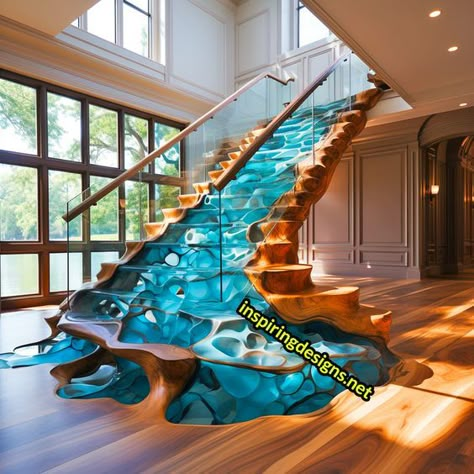 These Stunning Staircases Made From Live Edge Wood and Epoxy Are a Step Beyond Ordinary Epoxy Stairs, Round Staircase, Amazing Staircases, Stunning Staircases, Interesting Furniture, Wooden Creations, Spiral Staircases, Medieval Furniture, Fantasy Furniture