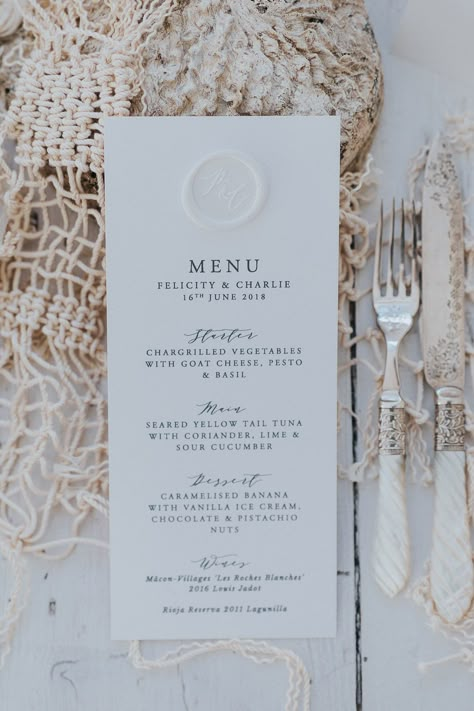 Wedding Menu with White Wax Seal Personalized Wedding Menu Cards, Menu Card Wax Seal, Menus Wedding Table, Wedding Menu On Table, Wedding Reception Menu Cards, Wedding Menu With Wax Seal, Wax Seal Menu Card, Wedding Table Menu Cards, Menu Wedding Ideas