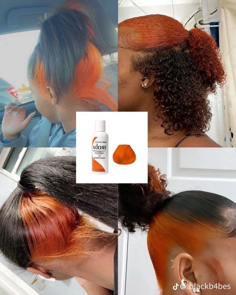 Hair Color Ideas On Dark Skin, Hair Dyes For Dark Skin, Copper Peak A Boo Hair, Black Hair Dye Ideas Coloring, Sunset Dyed Hair, Sunrise Orange Hair, Dyed Hair With Braids, Dyed Hair Inspiration For Dark Skin, Orange Hair With Dark Roots