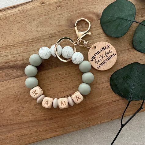 MAMA Wristlet Silicone Beaded Teacher Neutral Custom - Etsy Engraved Wood Gifts, Mama Wristlet, Silicone Wristlets, Wood Engraved Gifts, Gift Ideas Mom, Sensory Necklace, Wristlet Keychains, Bracelet Keychains, Round Tags