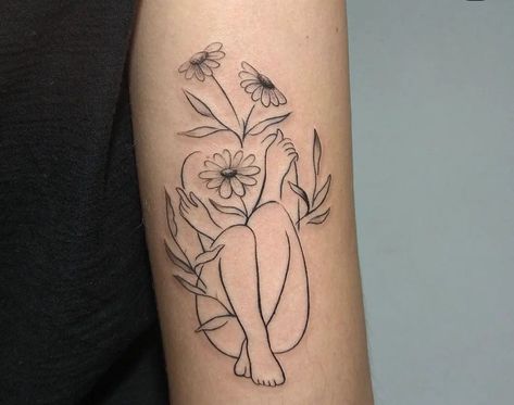 Flowers Growing Out Of Head Tattoo, Mh Tattoo, Love Tattoos For Women, Reborn Tattoo, Self Love Tattoos, Appreciation Design, Mirror Tattoos, Line Drawing Tattoos, Sister Tattoo Designs