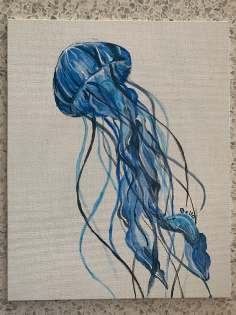 Blue jellyfish Jellyfish Gouache, Jellyfish Oil Pastel, Jellyfish Canvas Painting, Mental Crisis, Ocean Things, Blue Sketch, Her Tattoo, Jellyfish Painting, Jellyfish Drawing