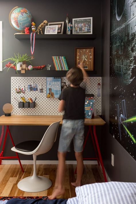 Desk In Boys Room, Moody Kids Bedroom, 7 Year Boy Room Ideas, Boys Desk Ideas, Boys Room Desk Ideas, Boys Desk In Bedroom, Teen Boy Desk, Boys Bedroom Ideas Small Space, Young Boy Bedroom Ideas