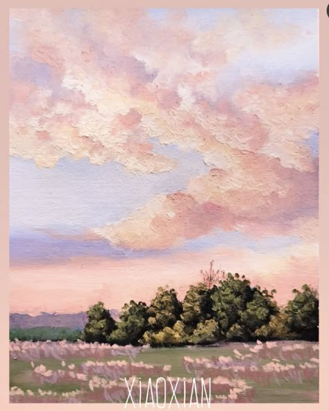 Cute Art Landscape, Pastel Scenery Painting, Soft Aesthetic Painting, Pink Paintings Aesthetic, Flower Scenery Painting, Pretty Paintings Aesthetic, Painting Pink Aesthetic, Flower Painting Aesthetic, Pastel Color Painting Ideas