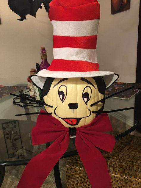 Cat And The Hat Pumpkin, Cat In The Hat Pumpkin Ideas, Dr Seuss Pumpkin Decorating Ideas, Dr Seuss Pumpkin, Cat In The Hat Pumpkin, Halloween Painted Pumpkins, Harvest Dance, Storybook Pumpkin, Book Character Pumpkins