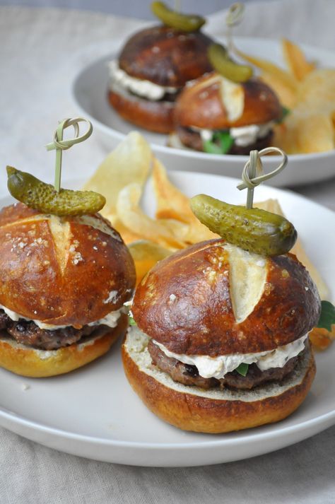 Surf & Turf Sliders - Farmgirl Gourmet Surf And Turf Appetizers, Gourmet Sliders, Sliders Burger, Pretzel Roll, Clam Dip, Burger Ideas, Lamb Patties, Super Bowl Menu, Happy Taco