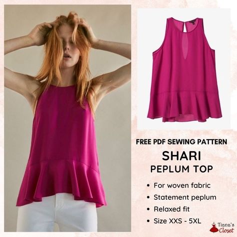 Shari Peplum Top FREE Sewing Pattern | Sewing 4 Free Free Sewing Patterns For Women Tops, Peplum Top Pattern, Sleeveless Top Pattern, Sewing Tops, Sewing Shirts, Free Pdf Sewing Patterns, Sleeveless Peplum Top, Peplum Tops, Save The Earth