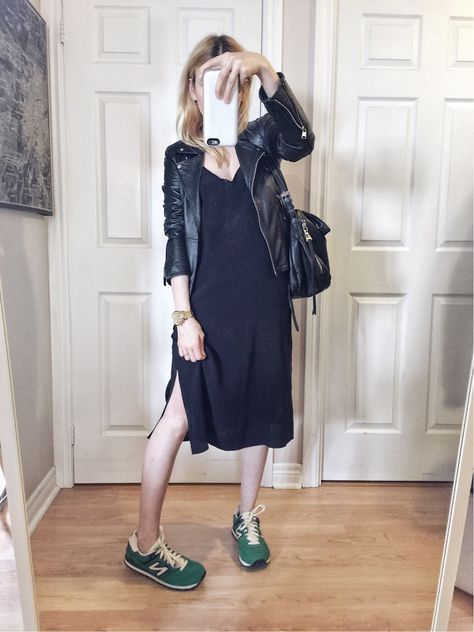 What I Wore This week - livelovesara Slip Dress With Tshirt, Errands Outfit Spring, Errands Outfit Summer, Black Sneakers Outfit, Errands Outfit, New Balance Outfit, Casual Leather Jacket, Winter Dress Outfits, Black Slip Dress