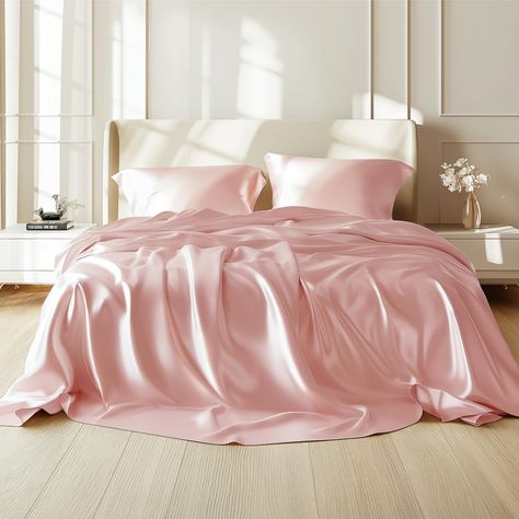 PRICES MAY VARY. Silky Texture: Designed to mimick the lavish feel of silk, these silky sheets offer exceptional softness, a buttery-smooth touch, and refined elegance. This satin sheet is Standard 100 by OEKO-TEX certified for meeting the highest testing criteria for harmful chemicals. Skin and Hair-Friendly: The silky texture of satin is easy on your hair and skin, preventing tugging and irritation throughout the night. Multiple Colors: Bedsure satin sheet set brings an effortlessly chic style Bed Set Silk, Pink Silk Bed Sheets, Pink Satin Bedding, Pink Bedsheets Ideas, Preppy Bed Sheets, Satin Bedding Aesthetic, Silk Sheets Aesthetic, Pink Bed Ideas, Butterfly Room Decor Bedroom Ideas