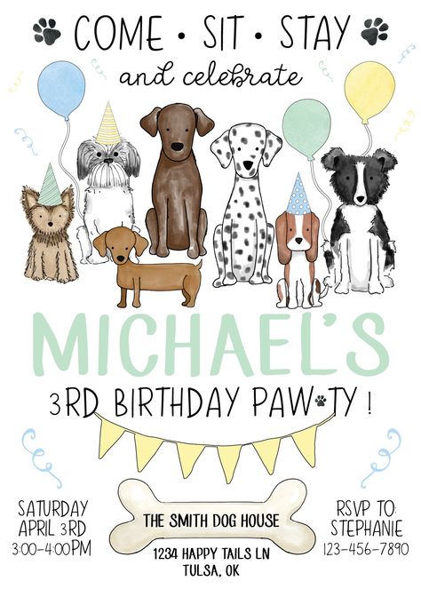 "Your guests will be begging to get the pawty started when you send out this Dog Pawty Birthday Party Invitation! This two-sided digital invitation features a pack of adorable dogs with party hats and balloons. The headline \"Come Sit Stay and celebrate\" is written across the top, and a bone displays your party location. The back of the invitation has a black and white striped pattern with a few black paws printed on one corner. Send this puppy invite to your guests so they can come, sit, and s Dog Third Birthday Party, Dog Party Invitations, Puppy Invitations, Baby Luxury, Dog First Birthday, Dog Themed Birthday Party, Party Location, Puppy Birthday Parties, Kids Inspo