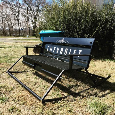 1966 Fleet Side Tailgate Bench Rocker with Roll Pan - Custom Made Tailgate Benches, Ag Projects, Rocking Bench, Tailgate Bench, Car Parts Decor, Headboard Benches, Man Cave Bathroom, Garage Furniture, Welding Ideas