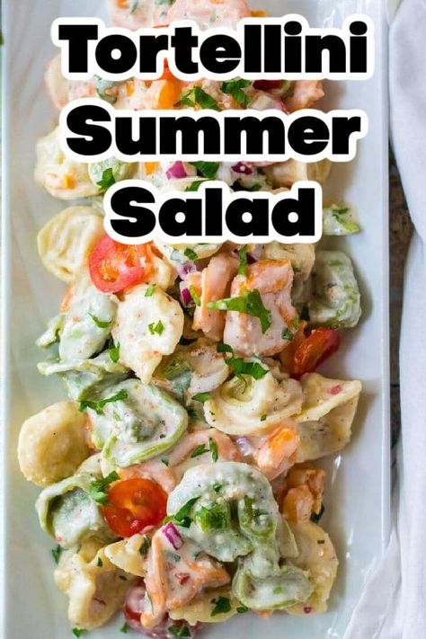 platter with tortellini pasta salad on it Easy Tortellini Salad, Cold Cheese Tortellini Pasta Salad, Tortellini Recipes Cold, Creamy Tortellini Pasta Salad, Tortellini Recipes Salad, Creamy Tortellini Salad, Cold Tortellini Pasta Salad, Easy Summer Sides, Tortellini Salad Recipes