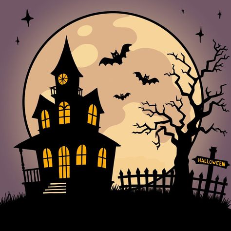 Halloween Scene Drawing Tutorial: Full Moon, Haunted House, and Bats Cute Haunted House Drawing, Haunted House Drawing, Simple House Drawing, Spooky Tree, House Silhouette, Final Fantasy Ix, Spooky Trees, Scene Drawing, A Haunted House