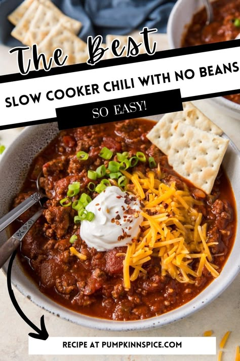 Slow Cooker Hearty No-Bean Chili Black People Food Recipes, Slow Cooker Beef Chili, Easy Slow Cooker Chili, Easy Chili Recipe Crockpot, Slow Cooker Chili Easy, Slow Cooker Chili Beef, Crock Pot Chili, Ground Beef Beans, Recipe With Ground Beef