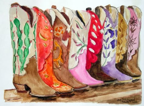 Cowgirl Watercolor Art, Cowboy Boots Watercolor, Rodeo Paintings Easy, Watercolor Western Art, Watercolor Cowboy Boots, Western Watercolor Paintings, Colorful Cowboy Boots, Western Watercolor, Rodeo Art