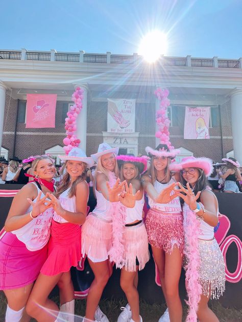 Barbie Student Section, Pink Bid Day Outfit, Pink Out Pep Rally Outfits, Sorority Bid Day Outfits, Barbie Bid Day Theme, Cowboy Sorority Theme, Tea Party Bid Day, Rodeo Bid Day, Pink Out Party