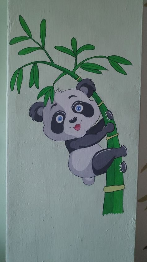 Cute panda painted on wall Panda Painting On Wall, Wall Painting Ideas Creative Cartoon, Panda Rangoli, Panda Wall Painting, Diy Wall Painting Ideas Creative, Wall Paintings For Bedroom, Cartoons Rangoli, Wall Painting Ideas Creative, Simple Wall Paintings