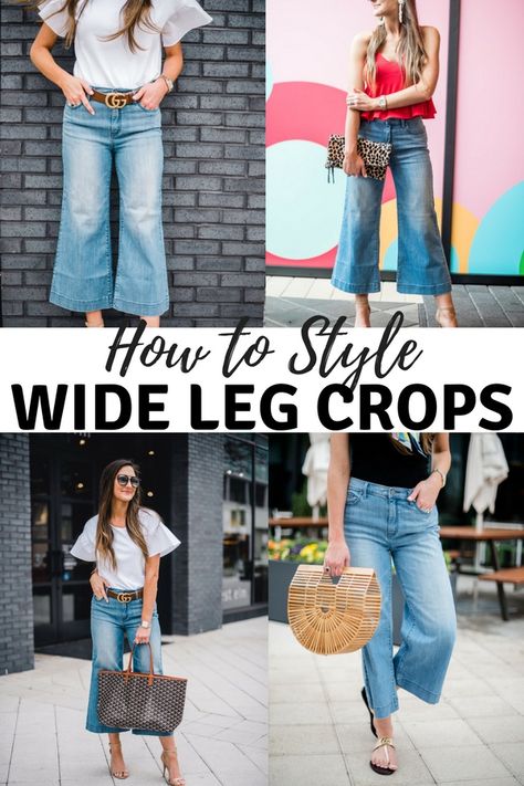 How to style wide leg crops Denim Culottes Outfits Summer, Wide Leg Crop Jeans Outfit Summer, Wide Leg Jeans Cropped Outfit, Cropped Wide Leg Pants Outfit Summer, Wide Leg Jeans With Sandals, Wide Leg Mom Jeans Outfit, Cropped Wide Leg Jeans Outfit Summer, Wide Leg Jean Outfits Summer, How To Style Cropped Jeans