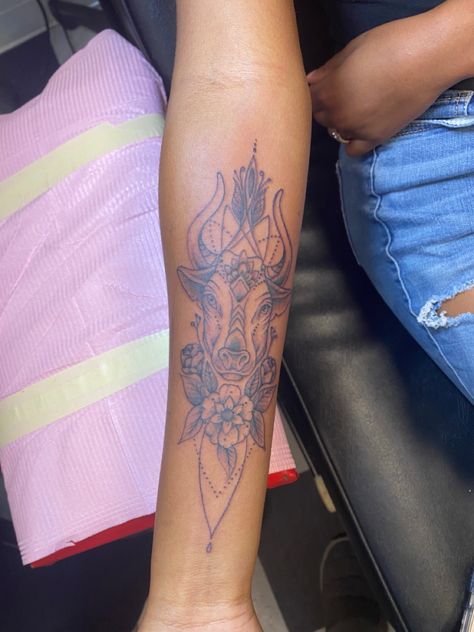 Her name is Sapphire shes strong, willing, loving, and powerful. Shes my protector. I know a bull is an male cow, but this to me represents myself . �♉️ Taurus Bull Tattoos For Women Leg, Bull Tattoo Sleeve, Cow Skull Tattoo Back Of Arm, Taurus Bull Tattoos For Women, Feminine Bull Tattoo Taurus, Bull Tattoo Feminine, Taurus Bull With Flowers Tattoo, Male Cow, My Protector