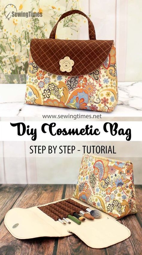 DIY Cosmetic Bag with Brush Holder | How to make a Travel Makeup Bag [sewingtimes] Diy Cosmetic Bag, Sewing Makeup Bag, Makeup Bag Tutorials, Cosmetic Bags Diy, Cosmetic Bag Tutorial, Makeup Bag Pattern, Diy Makeup Brush, Cosmetic Bag Pattern, Diy Makeup Bag