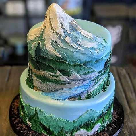 Forest Theme Cakes, Retirement Party Cakes, Mountain Wedding Cake, Mountain Cake, Cube Cake, Birthday Cake Decorating Ideas, Cake Decorating Ideas, Themed Wedding Cakes, Forest Cake