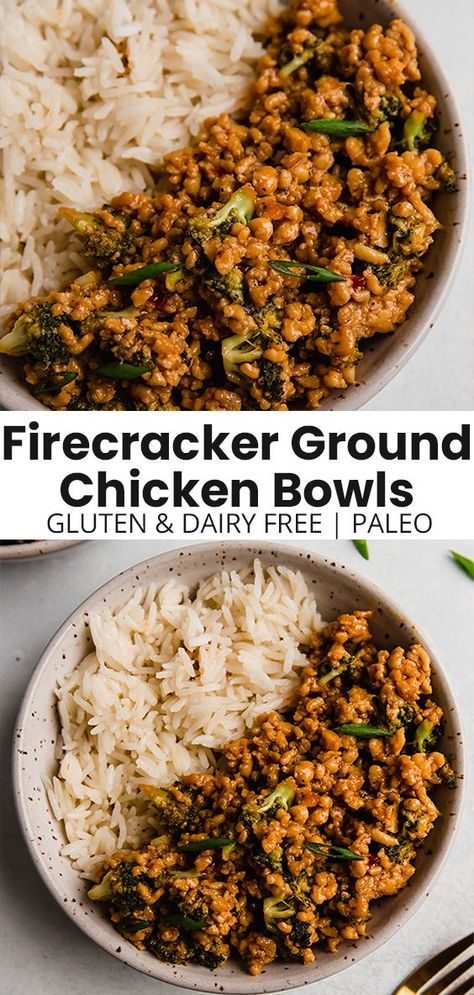 Firecracker Ground Chicken, Ground Chicken Bowls, Ground Chicken Broccoli, Firecracker Sauce, Broccoli And Rice, Chicken Bowls, Ground Chicken Recipes, Healthy Bowls, Macro Meals