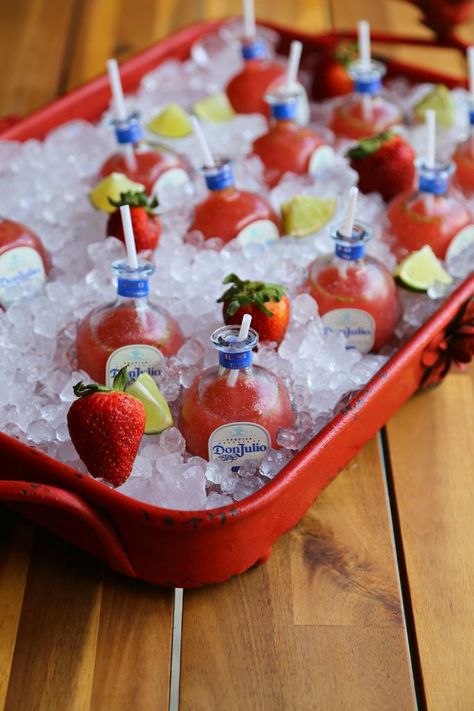 Mini Strawberry Margaritas Mini Don Julio Margaritas, Don Julio Mini Bottles, Mexican Candy Bar, Mini Margaritas, Cute Presentation, Birthday Foods, Strawberry Margaritas, Don Julio Tequila, Margarita Party