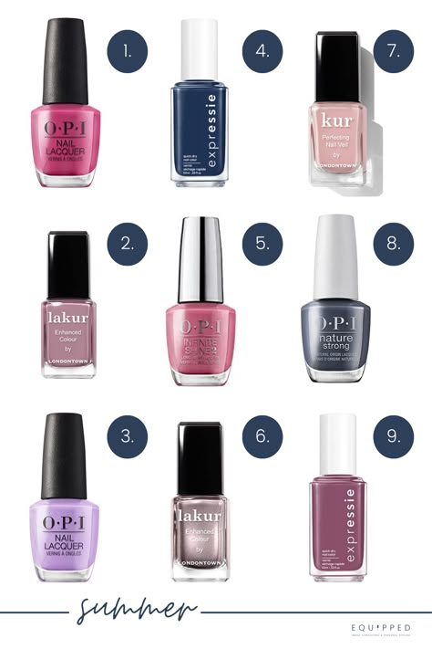 Nail Polish Colors by Seasonal Palette | EQUIPPEDStyle Cool Tone Nail Polish, Summer Palette Nail Colors, Opi Cool Tones, Cool Summer Color Palette Nail Polish, Cool Summer Color Palette Nails, Soft Summer Nails Colour, True Summer Color Palette Nail Polish, Soft Summer Nail Polish, Soft Summer Nail Polish Colors