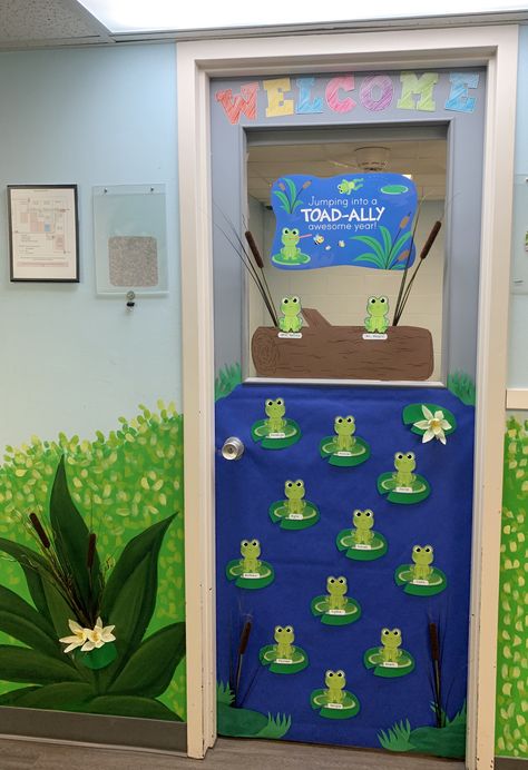 Frog Classroom Theme Preschool, Frog Bulletin Board Ideas Classroom, May Themed Classroom Door Ideas, Frog And Toad Classroom Theme, Frog Theme Classroom Decorations, Frog Theme Preschool Classroom Decor, Pond Theme Classroom Decor, Frog Door Decorations Classroom, Princess And The Frog Classroom Theme