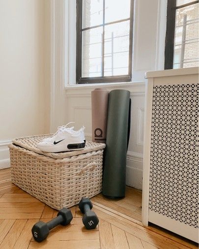 white sneakers, storage baskets, yoga mat | @prettyinthepines Yoga Basket, Sneakers Storage, Pretty In The Pines, Blogger Inspiration, The Pines, Basket Storage, Fitness Blogger, Woven Basket, Workout Outfit