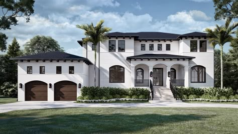 Black barrel tile roof white stucco exterior walnut garage door White Mediterranean House Exterior, Modern Stucco House, Modern Mediterranean Homes Exterior, Spanish House Exterior, White Stucco Exterior, Stucco House Colors, White Stucco House, Mediterranean House Designs, Spanish Exterior