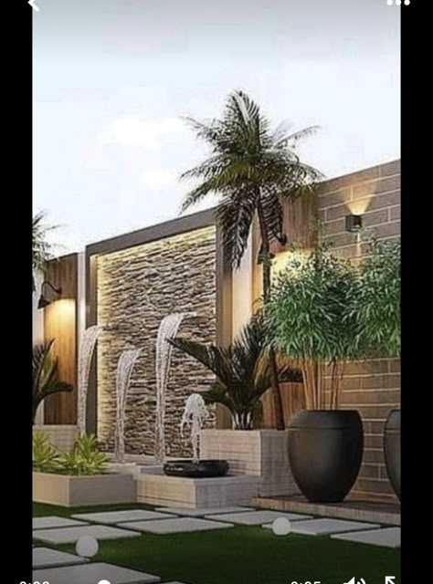 Fountain Entrance Home, Front Yard Sitting Area Ideas, Boundary Wall Design For Resort, Garden Sitting Areas, Modern Backyard Landscaping, Backyard Garden Layout, Home Garden Design, Modern Backyard, Terrace Design