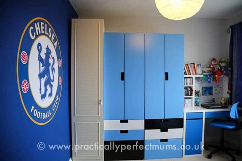 How to Create the Perfect Chelsea Football Bedroom! Chelsea Bedroom, Football Theme Bedroom, Football Bedroom, Three Door Wardrobe, Chelsea Blue, Fc Chelsea, Football Themes, Practically Perfect, Chelsea Football Club