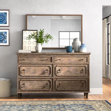 Three Posts™ Clintwood 6 Drawer Double Dresser & Reviews | Wayfair Two Mirrors Over Dresser, 2 Dressers In Bedroom, Decorate Dresser Top Bedroom, Styling A Dresser Top Master Bedrooms, Wayfair Dresser, How To Decorate A Dresser Top, Bedroom Dresser Decor With Mirror, Farmhouse Bedroom Dresser Decor, Master Dresser Decor