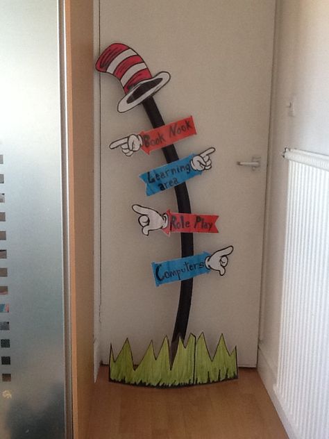 Dr Seuss signpost. I made this for a friends classroom. I used card for the signs which I also laminated and pipe lagging covered with electrical tape made a great post. Dr Seuss Classroom Theme, Dr Seuss Classroom Door, Dr Seuss Decorations, Dr Seuss Classroom, Dr Seuss Activities, Dr Seuss Crafts, Dr Seuss Birthday Party, Seuss Classroom, Seuss Crafts