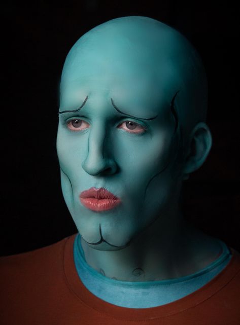 Handsome Squidward Costume, Squidward Cosplay, Squidward Makeup, Squidward Costume, Batman Face Paint, Under The Sea Costumes, Handsome Squidward, Spongebob Costume, Batman Painting