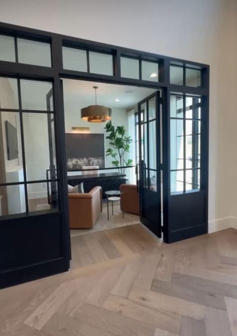 Interior Office Door Ideas, Foyer Office Ideas, Home Office Door Ideas Entryway, Office Front Door Entrance, Black Office Doors, Office Doors Ideas, Mudroom Office Combo Layout, French Doors For Office, Office Doors For Home